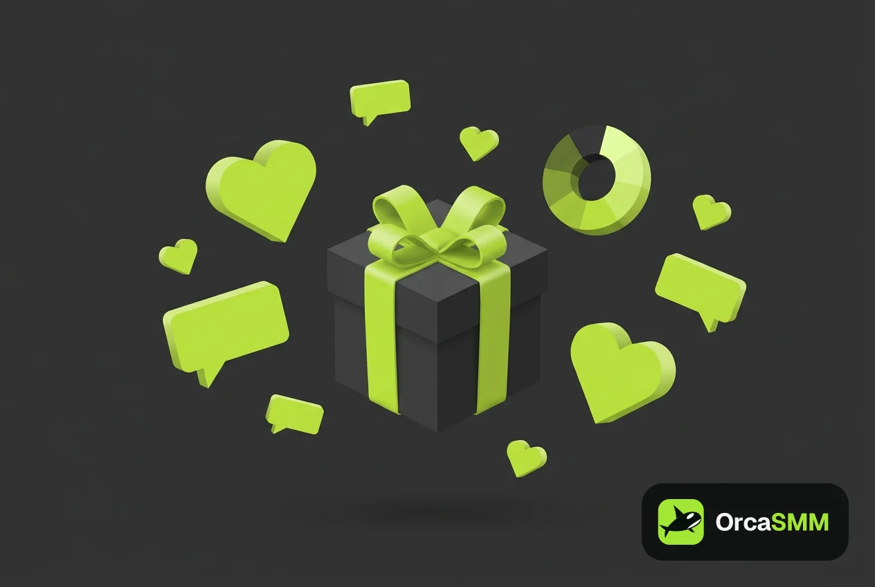 Abstract illustration of a gift box surrounded by hearts, comment bubbles and a random draw wheel on a dark background