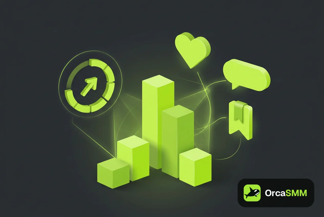 Abstract dashboard with rising bars and heart, comment and share icons on a dark background with lime green accents