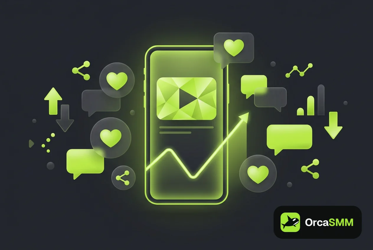 Koyu arka planda düşen ve yükselen izlenme grafiği ile lime yeşili video simgeleri