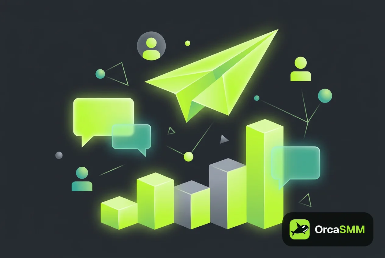 Koyu arka planda lime yeşili kağıt uçak ve büyüyen kullanıcı ikonlarıyla Telegram kanalı büyümesini temsil eden soyut illüstrasyon