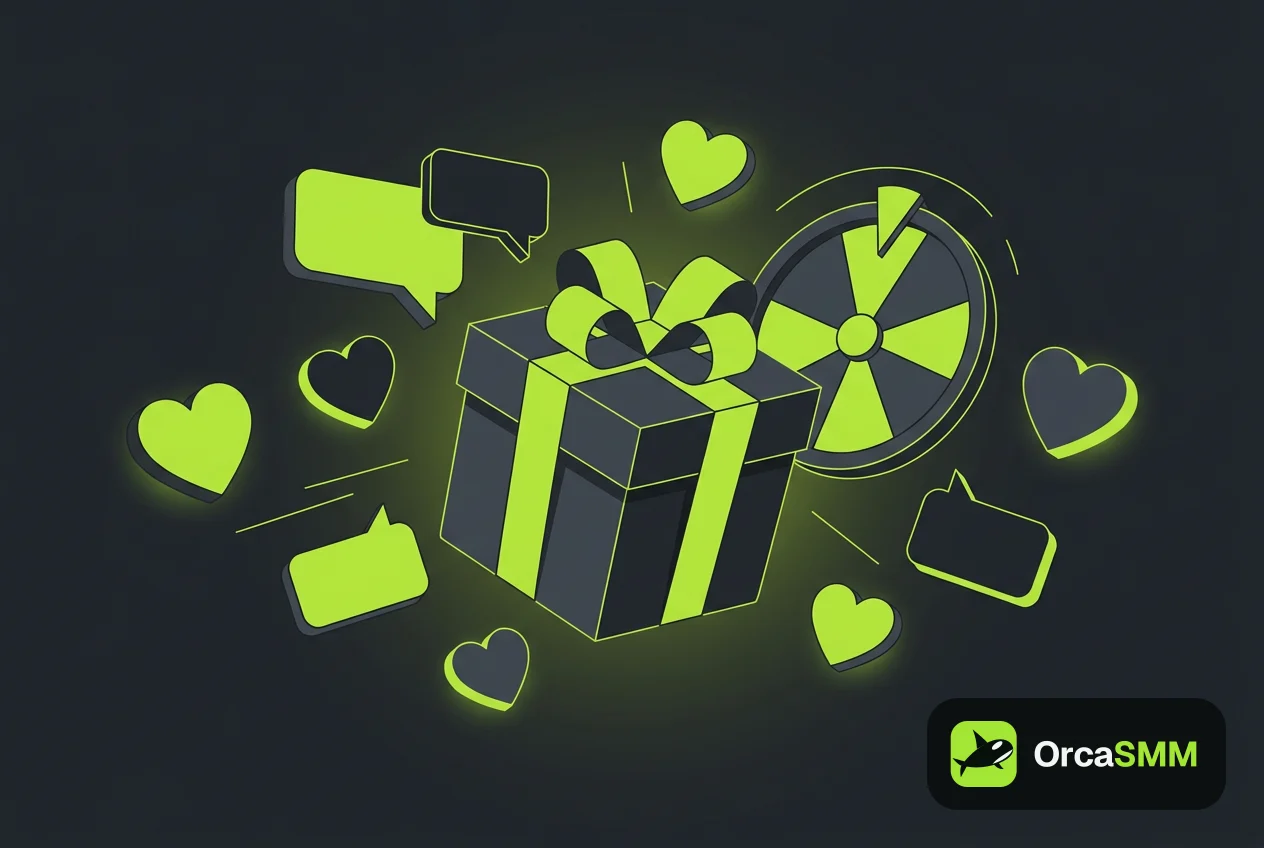 Illustration abstraite d'un cadeau et de bulles de commentaires sur fond sombre avec des touches vert citron