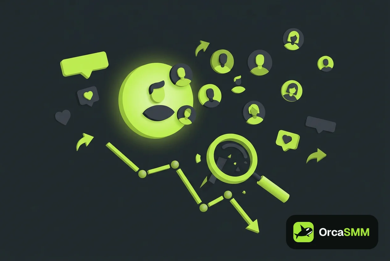 Illustration abstraite d'icônes de profils qui s'éloignent d'un compteur d'abonnés sur fond sombre avec des touches vert citron