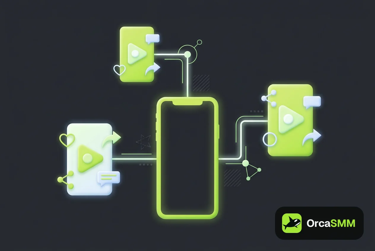 One glowing vertical video frame splitting into three screens on a dark background with lime green accents