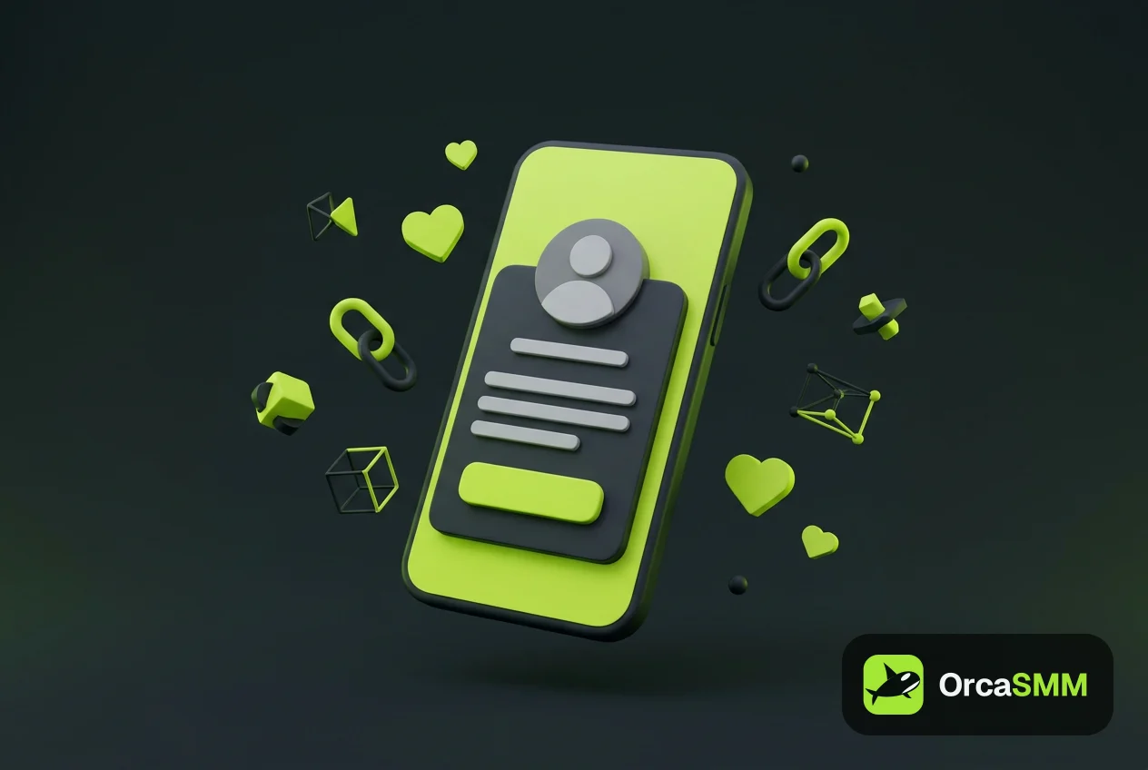 Abstract illustration of a smartphone profile card with a lime green follow button on a dark background