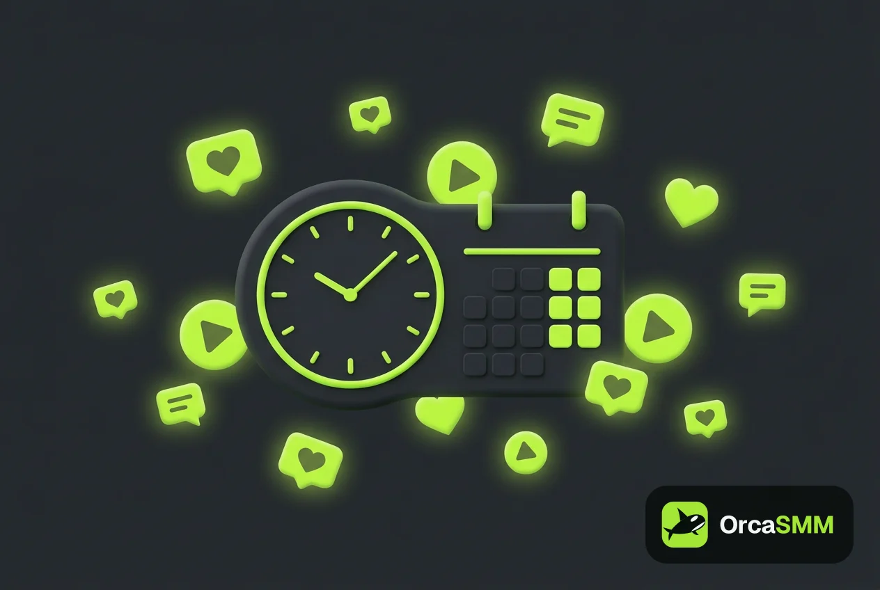 Illustration abstraite d'une horloge et de bulles de réseaux sociaux sur fond sombre avec des accents vert citron